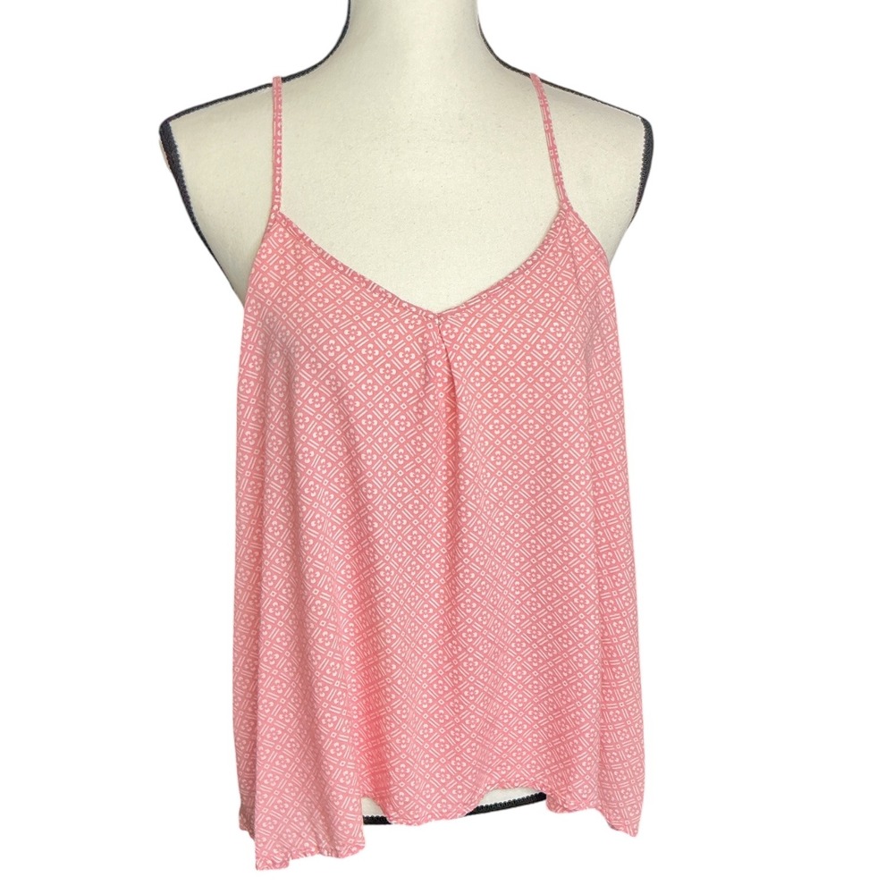 SO Pink Geometric Cami Tank Top Womens Large Racerback Keyhole Flowy Rayon